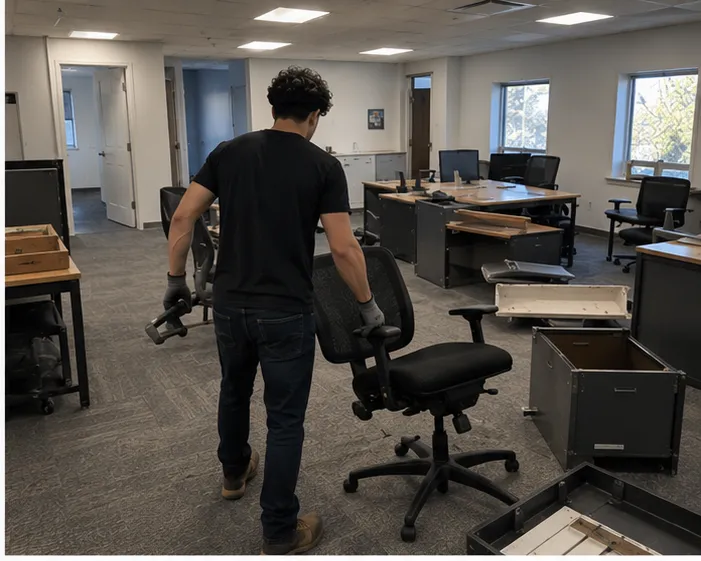 401 Junk Removal crew member removing an office chair and furniture during a commercial office cleanout in Rhode Island