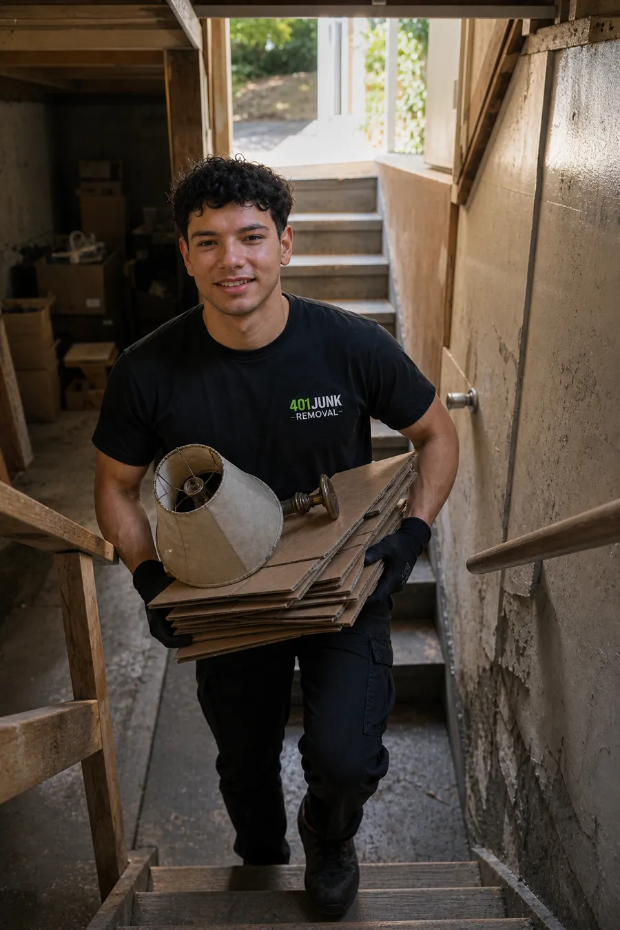 401 Junk Removal crew member carrying a lampshade and flattened boxes up a basement stairway during a cleanout