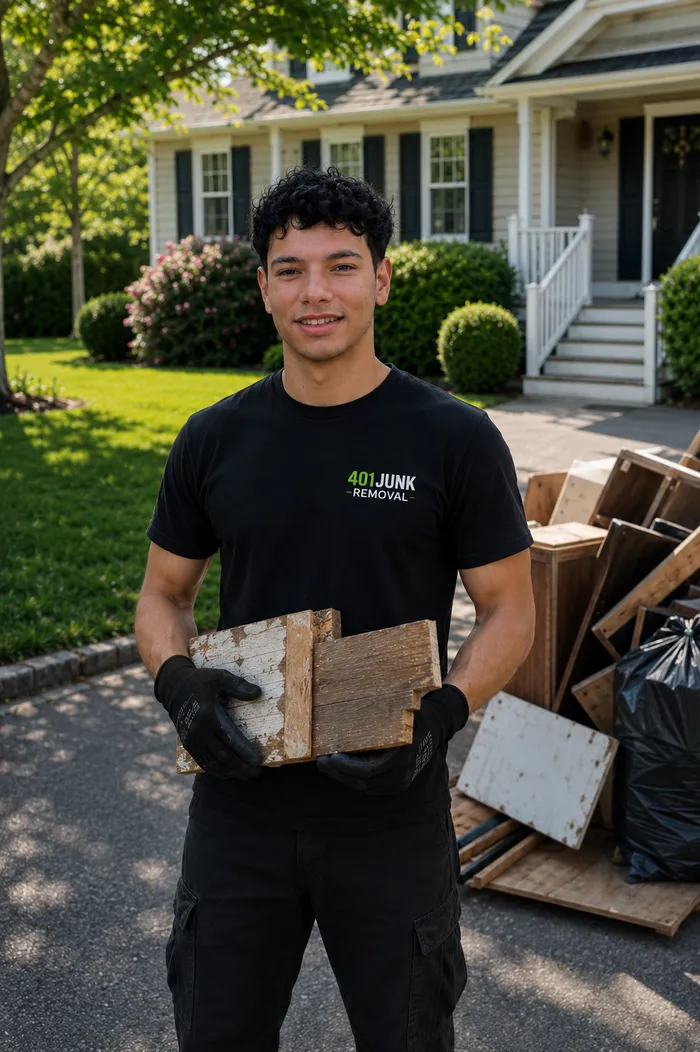Jordan, owner of 401 Junk Removal, wearing a branded 401 Junk Removal t-shirt on a job site