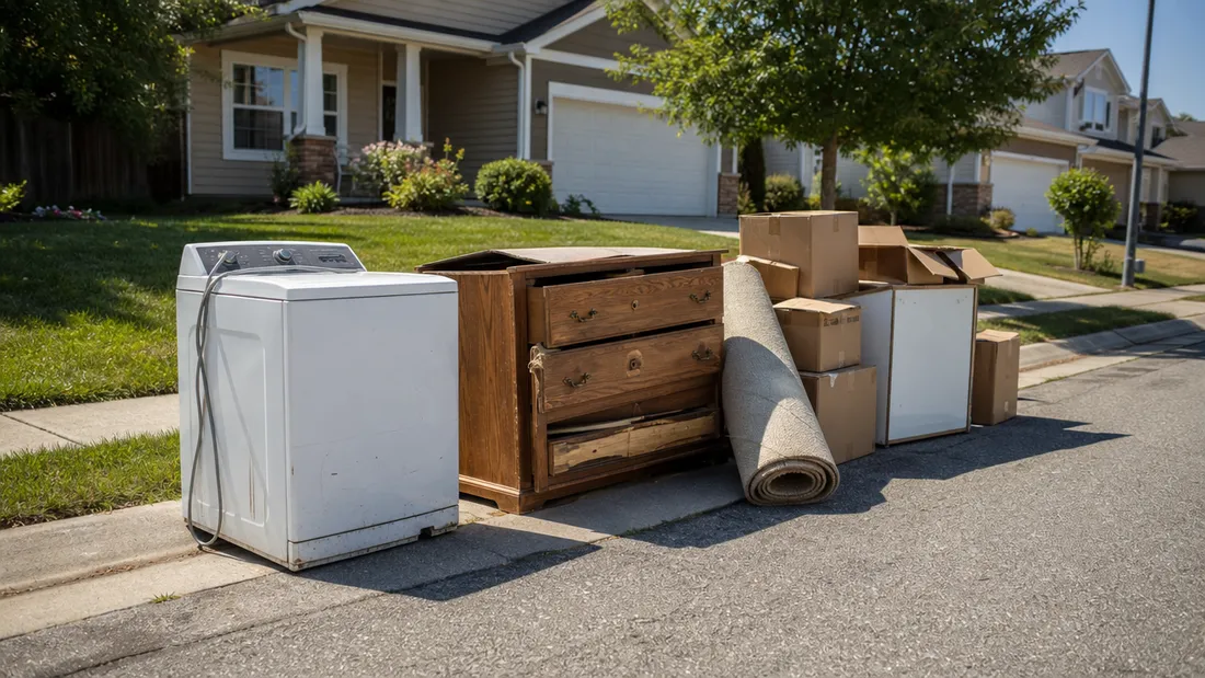 Pile of household junk collected for removal in Cranston, RI