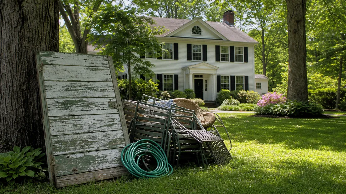 Pile of household junk collected for removal in East Greenwich, RI