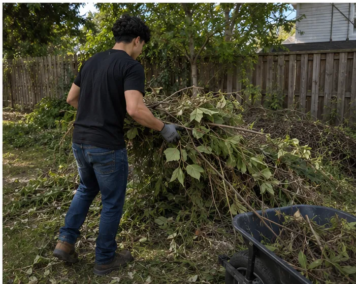401 Junk Removal crew member hauling brush and yard debris into a wheelbarrow during a yard cleanup in Rhode Island